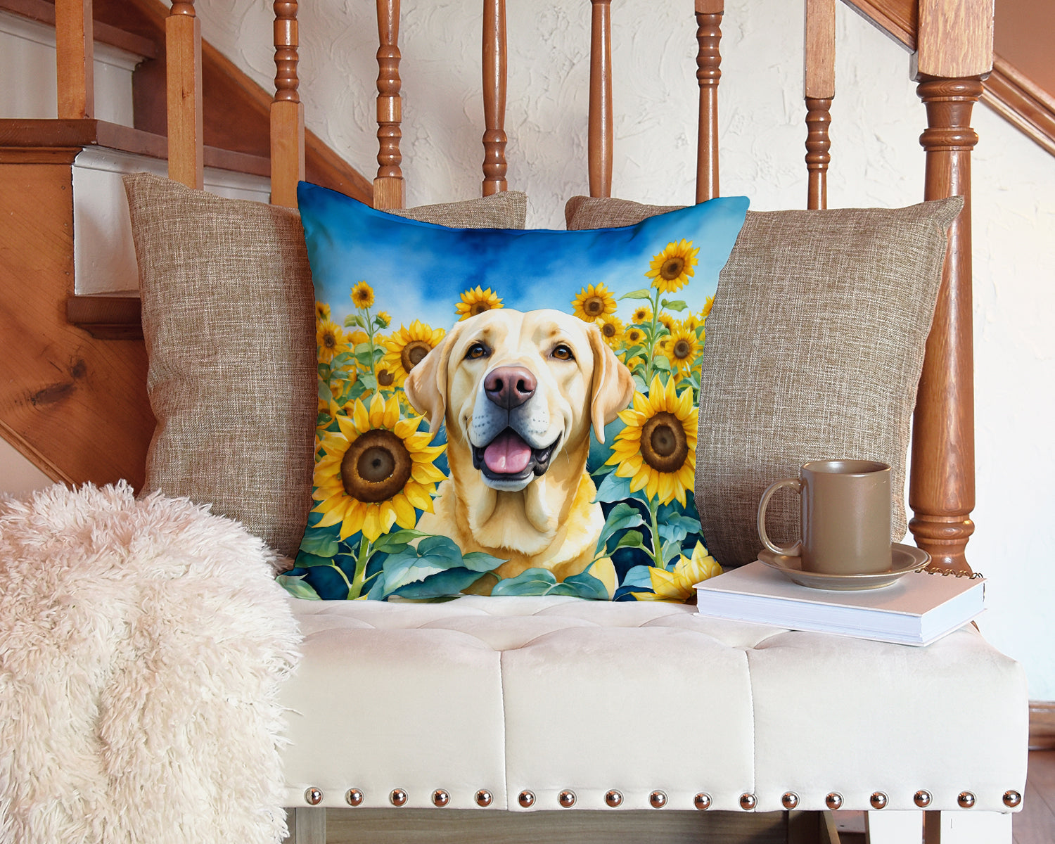 Labrador Retriever in Sunflowers Decorative Throw Pillow 14x14 Indoor Outdoor Accent Cushion, Fabric Cover with Insert for Sofa, Bed, Porch & Living Room