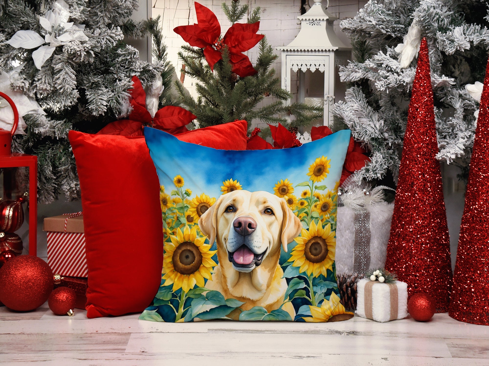 Labrador Retriever in Sunflowers Decorative Throw Pillow 14x14 Indoor Outdoor Accent Cushion, Fabric Cover with Insert for Sofa, Bed, Porch & Living Room