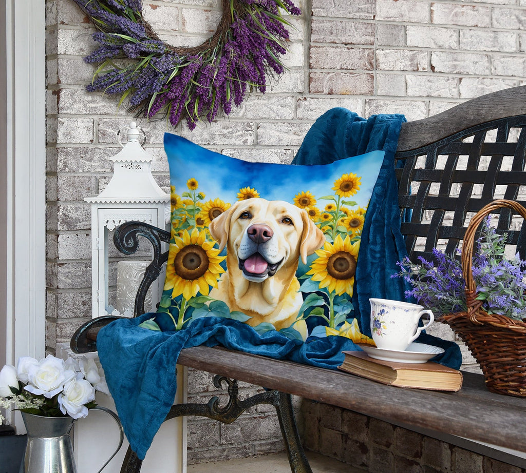 Labrador Retriever in Sunflowers Decorative Throw Pillow 18x18 Indoor Outdoor Accent Cushion, Fabric Cover with Insert for Sofa, Bed, Porch & Living Room