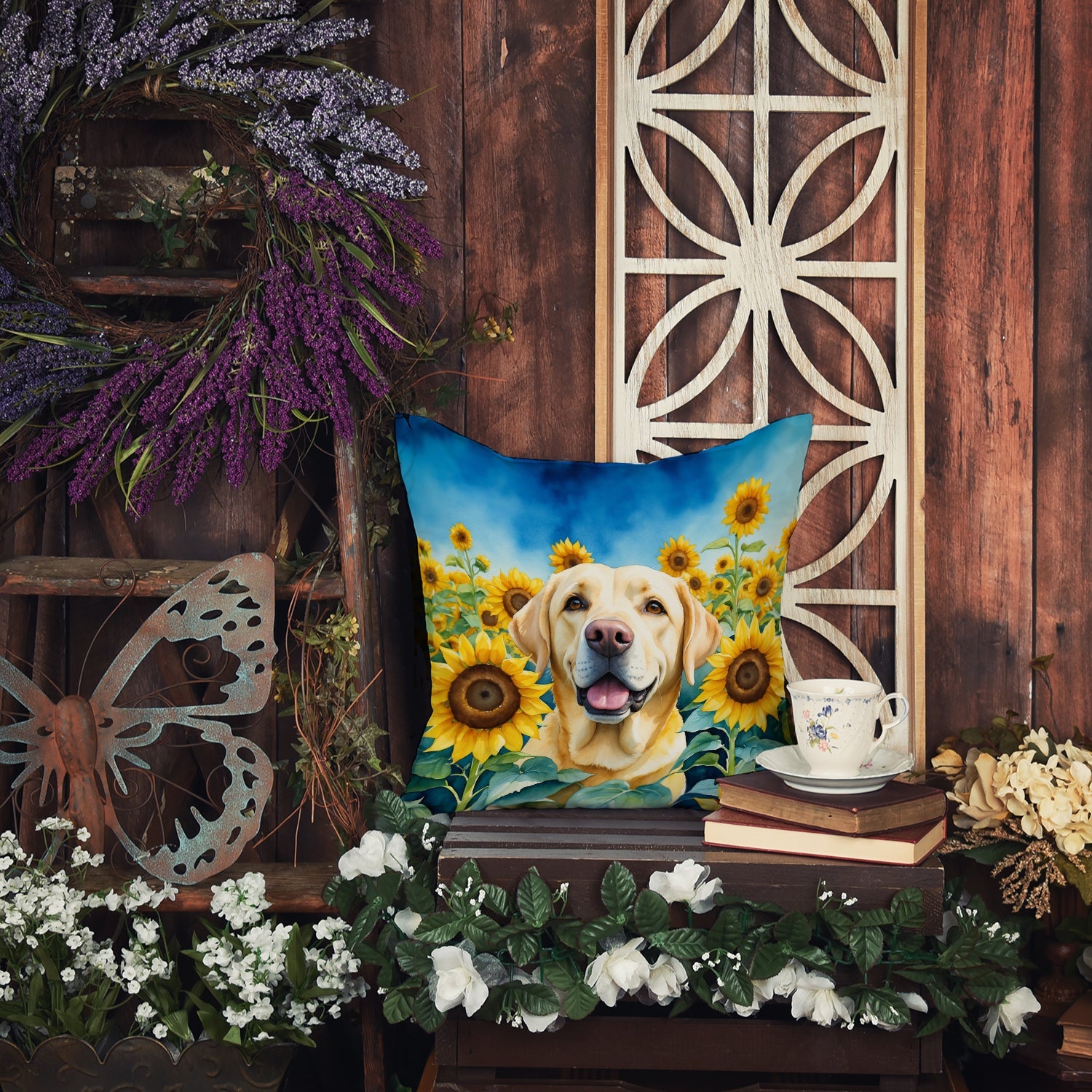 Labrador Retriever in Sunflowers Decorative Throw Pillow 18x18 Indoor Outdoor Accent Cushion, Fabric Cover with Insert for Sofa, Bed, Porch & Living Room