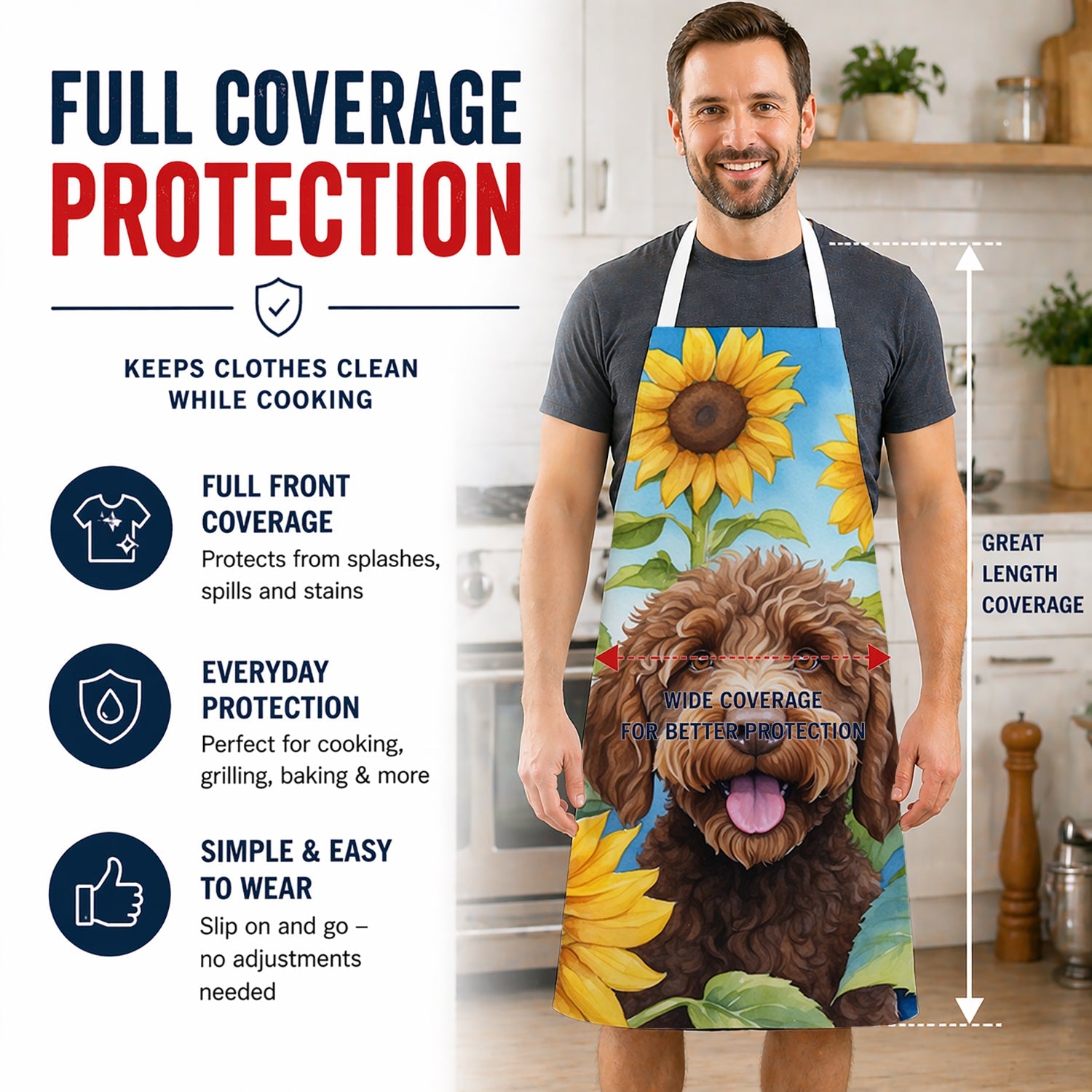 Labradoodle in Sunflowers Apron Cooking Kitchen Server Baking Crafts Gardening for Adult Women Men, Unisex, Large, Multicolor