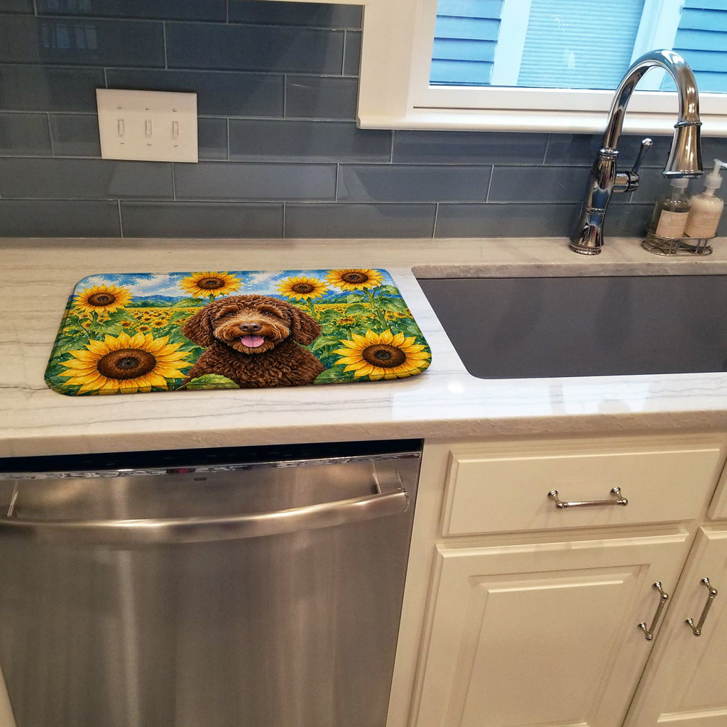 Labradoodle in Sunflowers Dish Drying Mat Absorbent Dish Drying Mat Pad for Kitchen Counter Dish Drainer Mat for Countertop, 14 x 21", Multicolor
