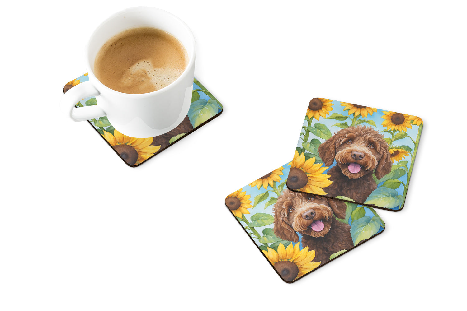 Labradoodle in Sunflowers Foam Coasters Set of 4 Cup Coasters for Indoor Outdoor, Tabletop Protection, Anti Slip, Mouse pad Material