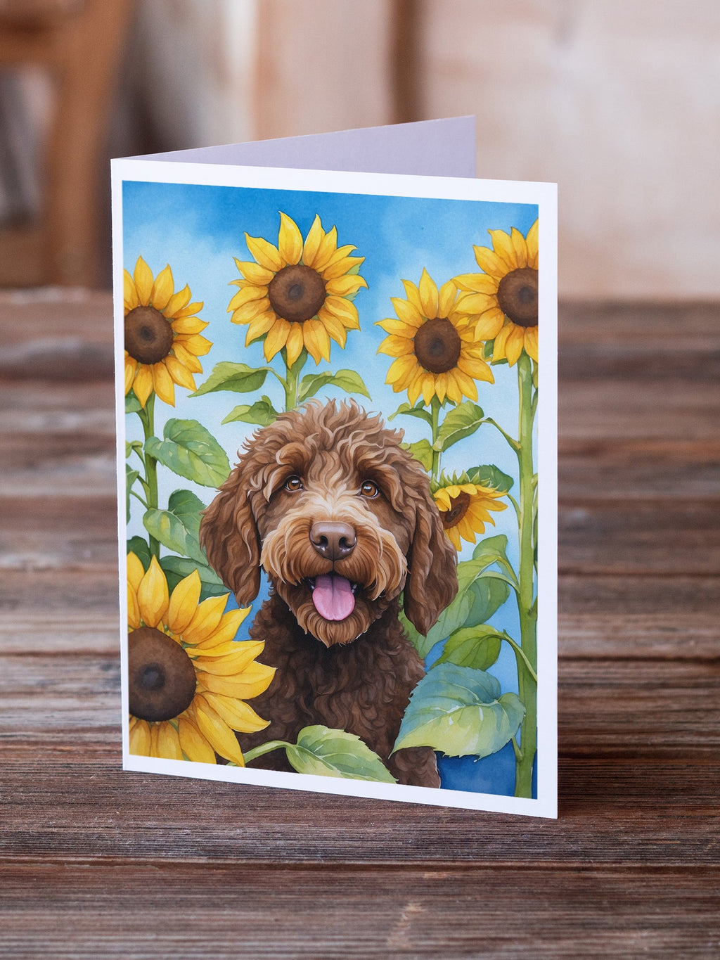 Labradoodle in Sunflowers Greeting Cards Pack of 8 Blank Cards with Envelopes Whimsical A7 Size 5x7