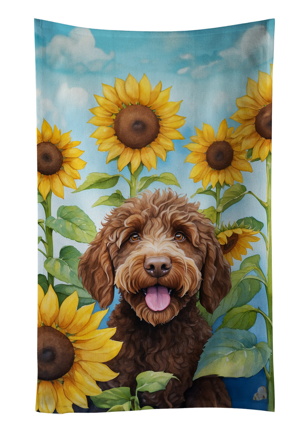 Labradoodle in Sunflowers Kitchen Towel Velour Plush Front and Cotton Loop Back Machine Washable