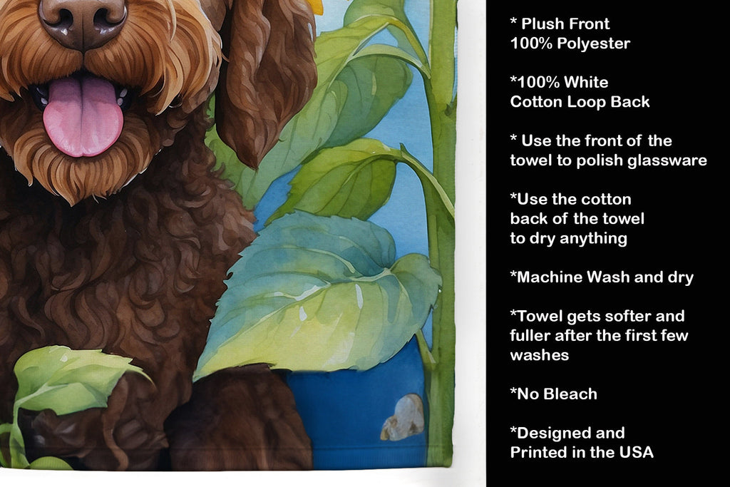 Labradoodle in Sunflowers Kitchen Towel Velour Plush Front and Cotton Loop Back Machine Washable