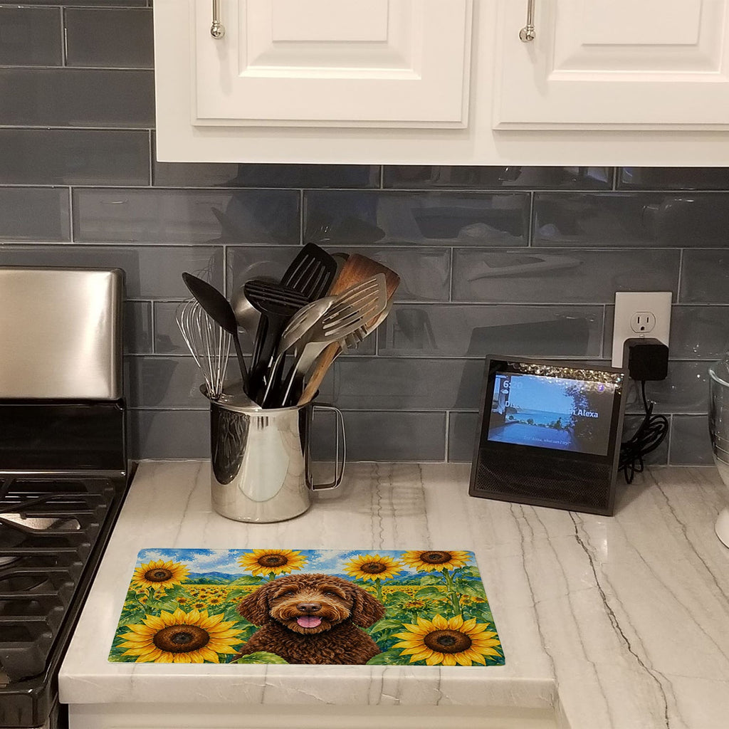 Labradoodle in Sunflowers Cutting Board Tempered Glass Kitchen Cutting Surface, Heat Resistant Chopping Board with Non-Slip Feet, Decorative Food Prep & Serving