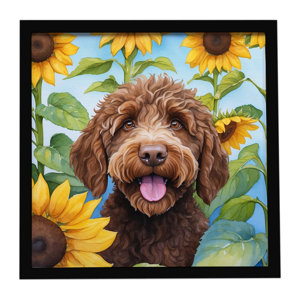 Labradoodle in Sunflowers Framed Metal Print Bathroom, Kitchen, Office, Home Decor Wall Art Ready to Hang, Square, 8X8