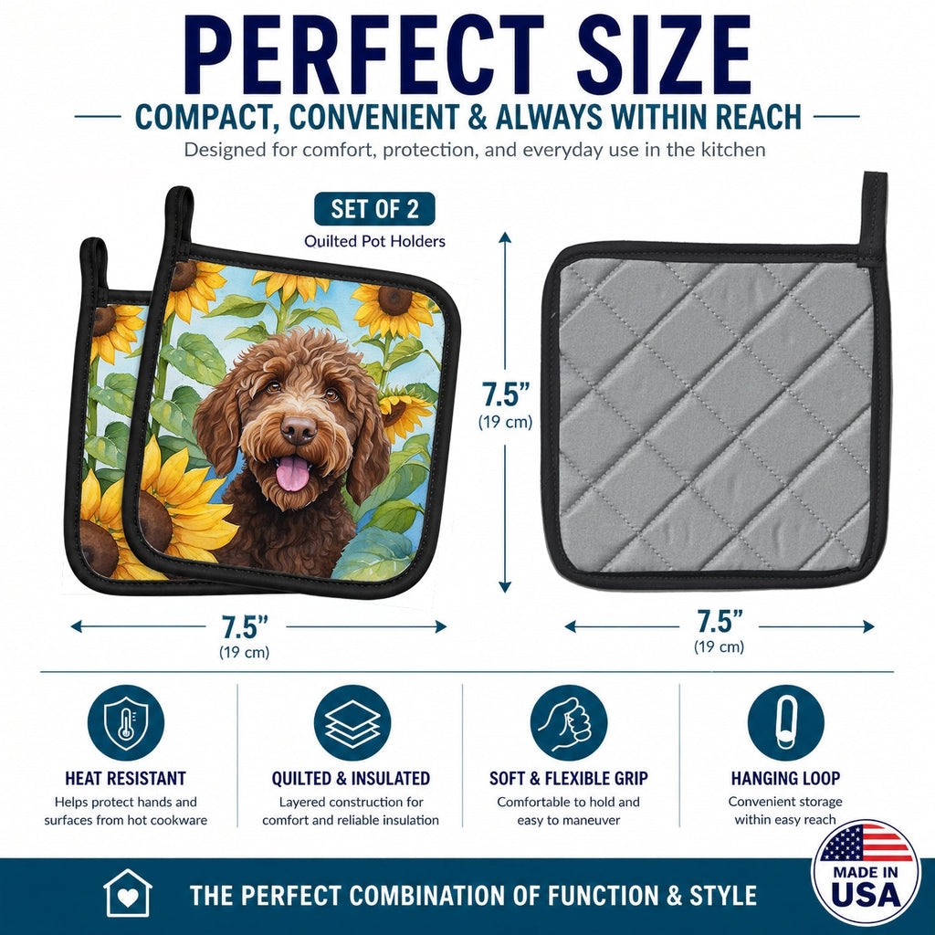 Labradoodle in Sunflowers Pot Holder Set of 2 Heat Resistant Quilted Hot Pads 7.5 x 7.5 Inch, Insulated Kitchen Trivets for Cooking & Baking