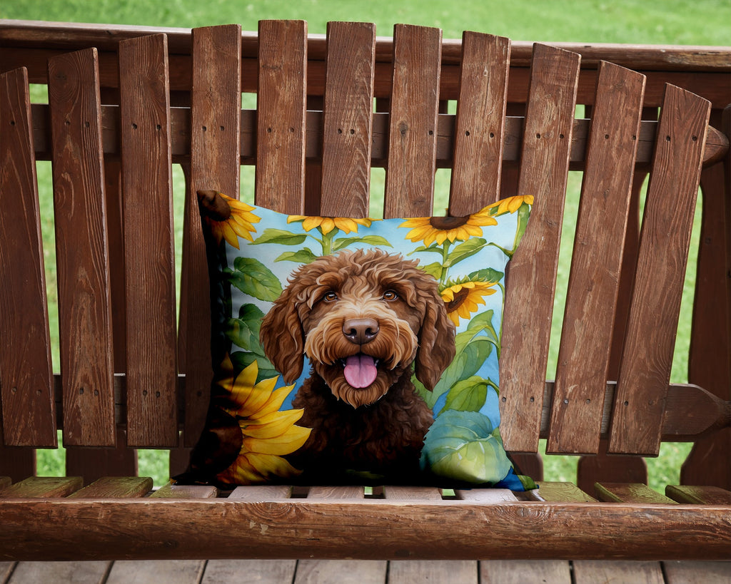 Labradoodle in Sunflowers Decorative Throw Pillow 14x14 Indoor Outdoor Accent Cushion, Fabric Cover with Insert for Sofa, Bed, Porch & Living Room