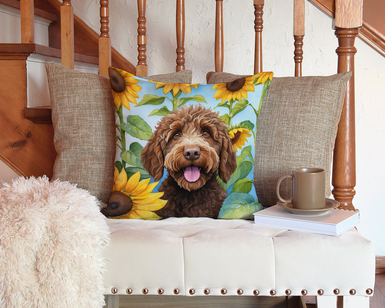 Labradoodle in Sunflowers Decorative Throw Pillow 14x14 Indoor Outdoor Accent Cushion, Fabric Cover with Insert for Sofa, Bed, Porch & Living Room