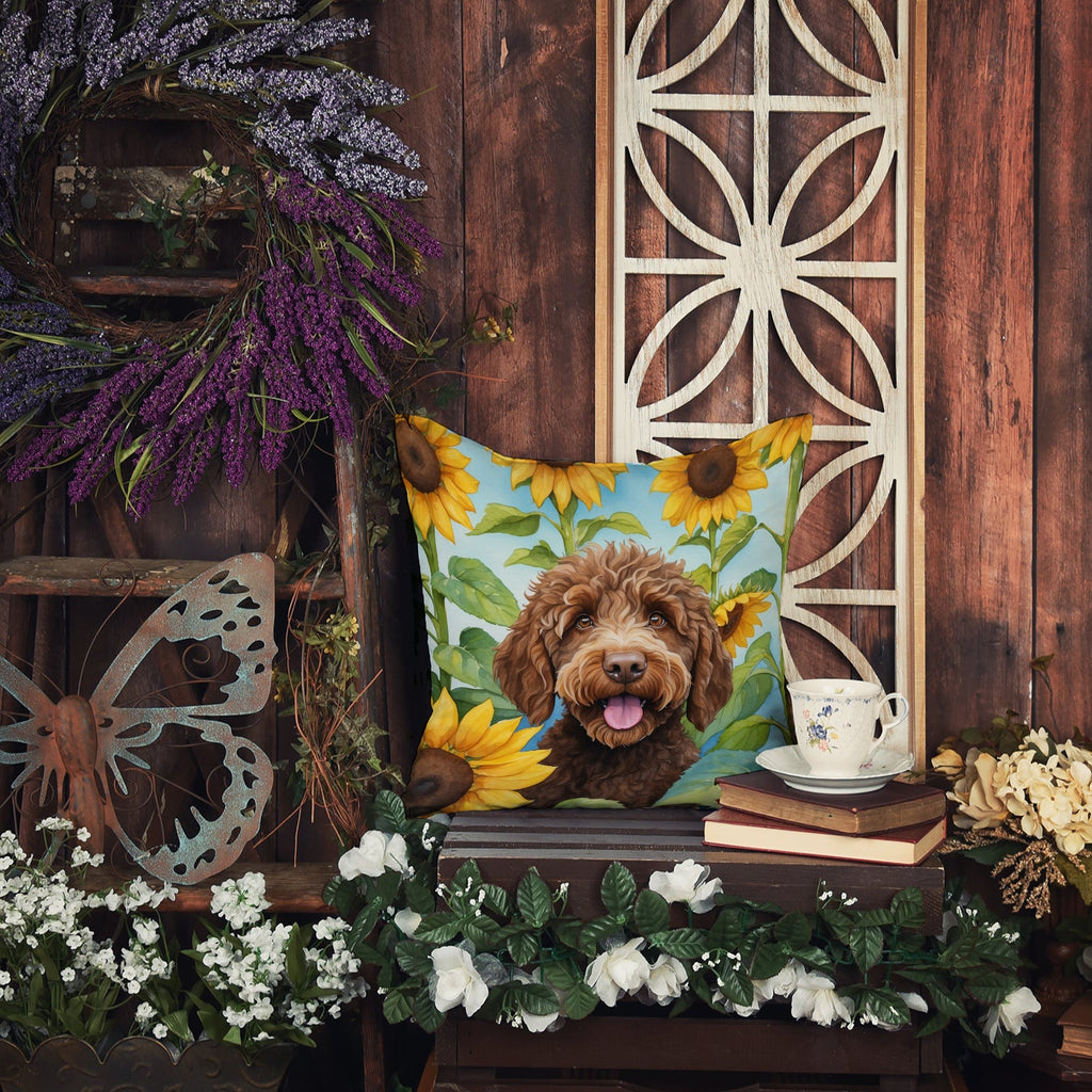 Labradoodle in Sunflowers Decorative Throw Pillow 14x14 Indoor Outdoor Accent Cushion, Fabric Cover with Insert for Sofa, Bed, Porch & Living Room