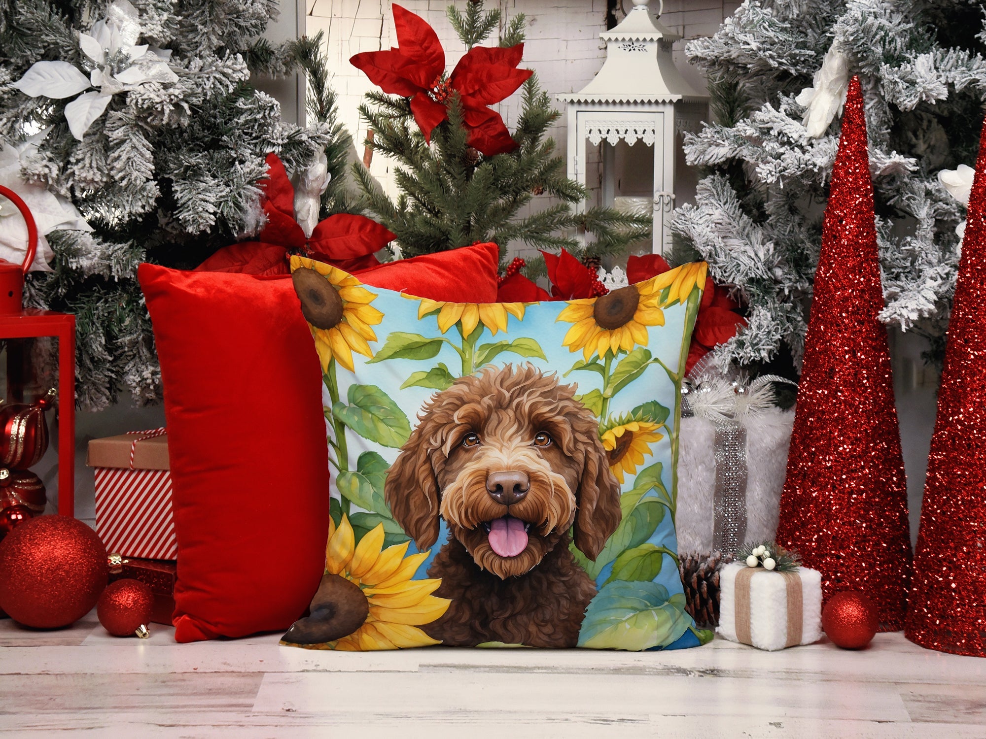 Labradoodle in Sunflowers Decorative Throw Pillow 14x14 Indoor Outdoor Accent Cushion, Fabric Cover with Insert for Sofa, Bed, Porch & Living Room