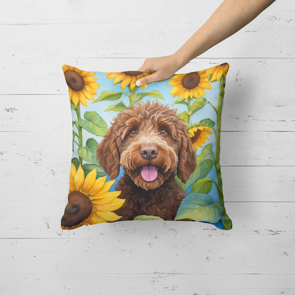 Labradoodle in Sunflowers Decorative Throw Pillow 18x18 Indoor Outdoor Accent Cushion, Fabric Cover with Insert for Sofa, Bed, Porch & Living Room