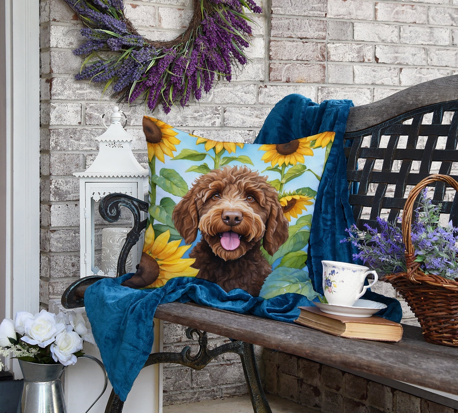 Labradoodle in Sunflowers Decorative Throw Pillow 18x18 Indoor Outdoor Accent Cushion, Fabric Cover with Insert for Sofa, Bed, Porch & Living Room