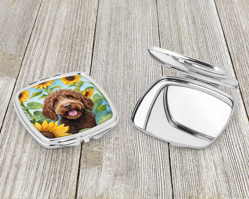 Labradoodle in Sunflowers Compact Mirror Decorative Travel Makeup Mirror for Women Girls Gifts Pocket Makeup Mirror Folding Handheld