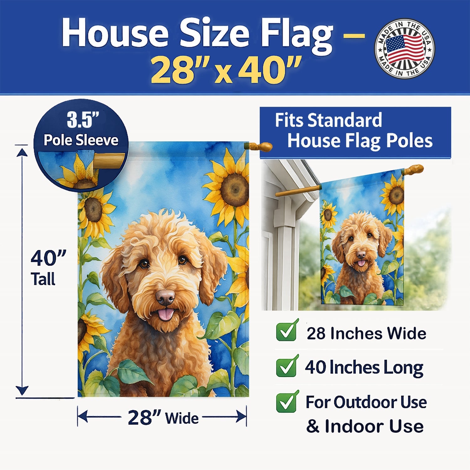Labradoodle in Sunflowers House Flag 28x40 Porch Sleeve Pole Decorative Outside Yard Banner Artwork Wall Hanging, Polyester