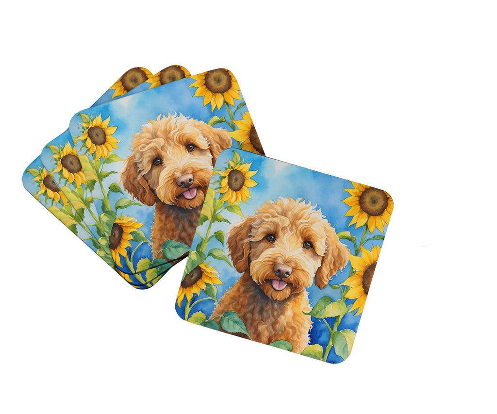 Labradoodle in Sunflowers Foam Coasters Set of 4 Cup Coasters for Indoor Outdoor, Tabletop Protection, Anti Slip, Mouse pad Material