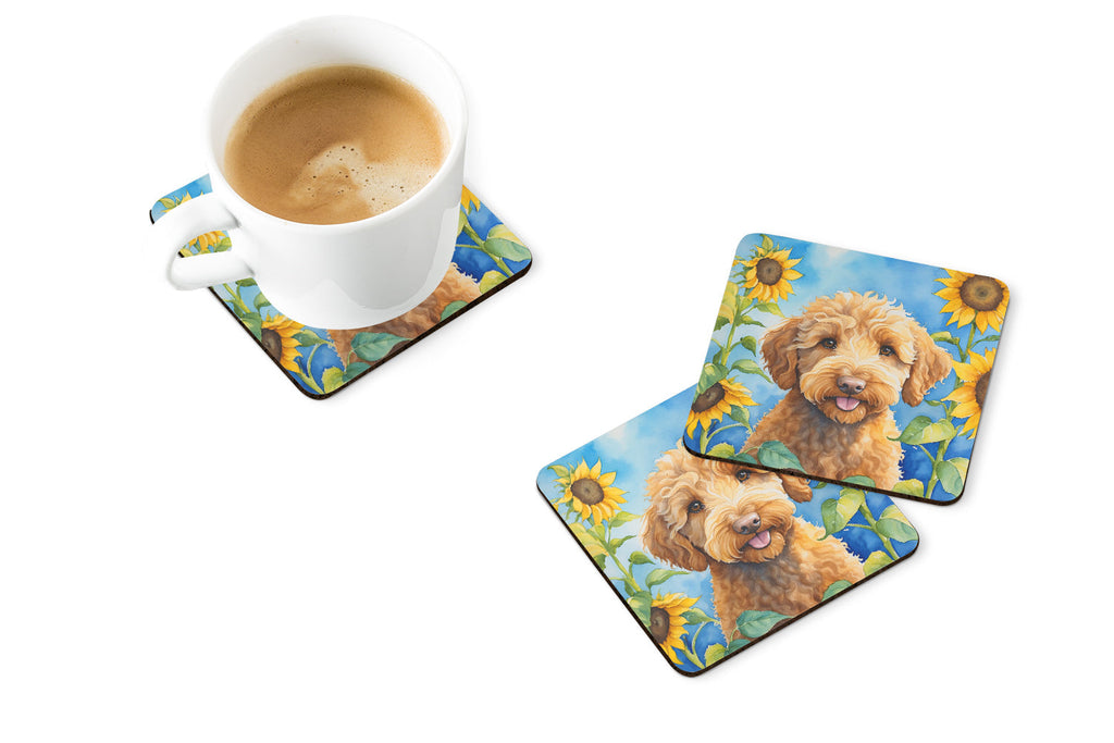 Labradoodle in Sunflowers Foam Coasters Set of 4 Cup Coasters for Indoor Outdoor, Tabletop Protection, Anti Slip, Mouse pad Material
