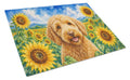 Labradoodle in Sunflowers Cutting Board Tempered Glass Kitchen Cutting Surface, Heat Resistant Chopping Board with Non-Slip Feet, Decorative Food Prep & Serving