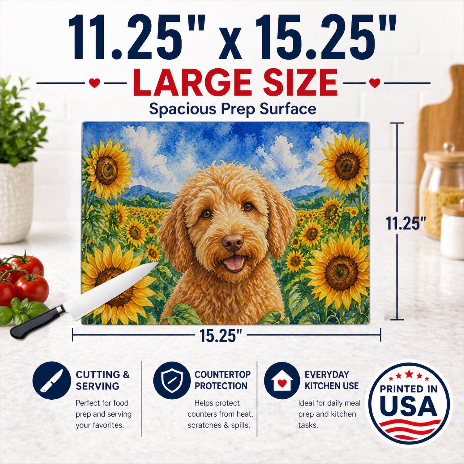 Labradoodle in Sunflowers Cutting Board Tempered Glass Kitchen Cutting Surface, Heat Resistant Chopping Board with Non-Slip Feet, Decorative Food Prep & Serving