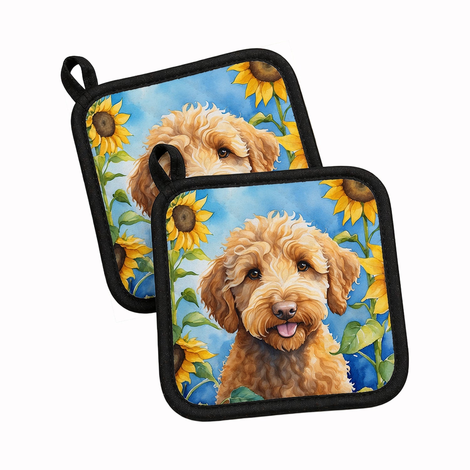 Labradoodle in Sunflowers Pot Holder Set of 2 Heat Resistant Quilted Hot Pads 7.5 x 7.5 Inch, Insulated Kitchen Trivets for Cooking & Baking