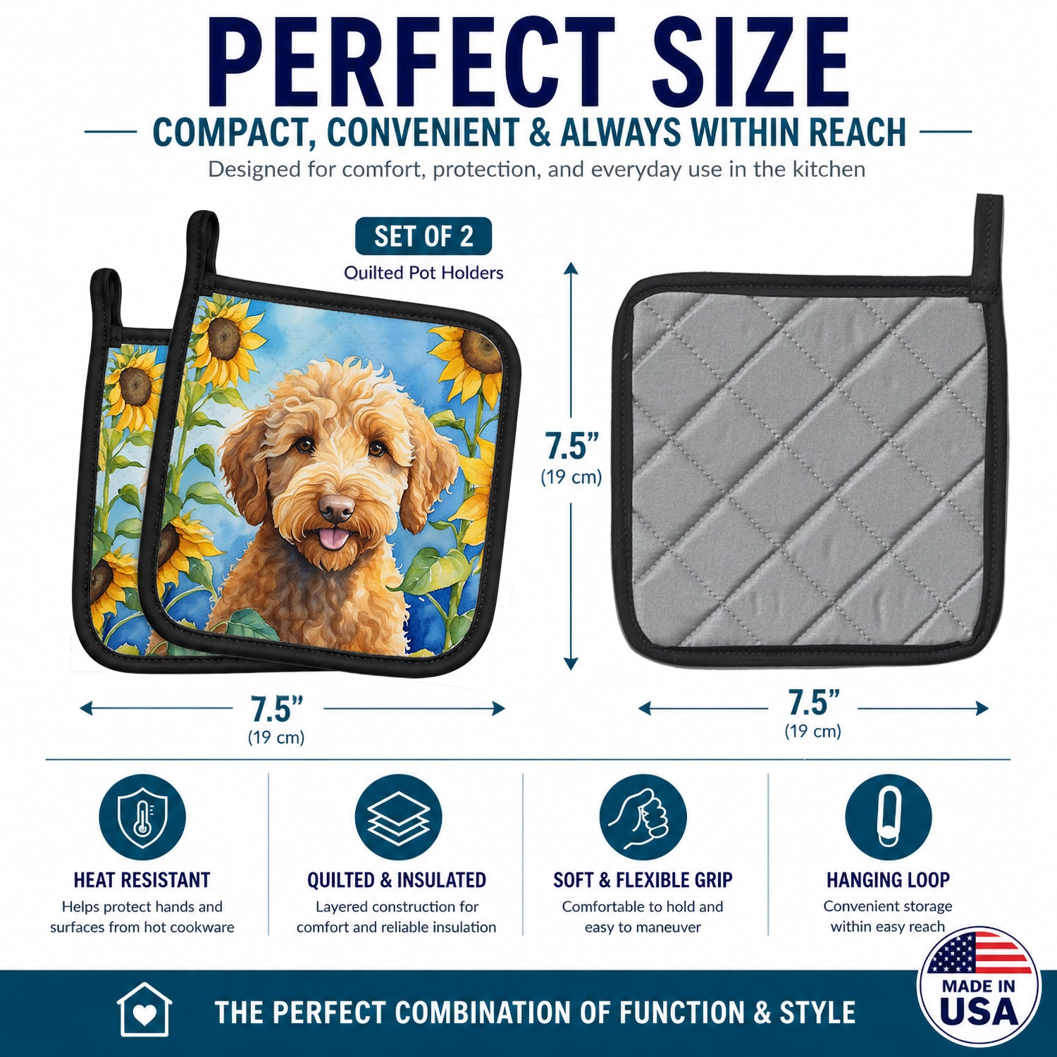 Labradoodle in Sunflowers Pot Holder Set of 2 Heat Resistant Quilted Hot Pads 7.5 x 7.5 Inch, Insulated Kitchen Trivets for Cooking & Baking