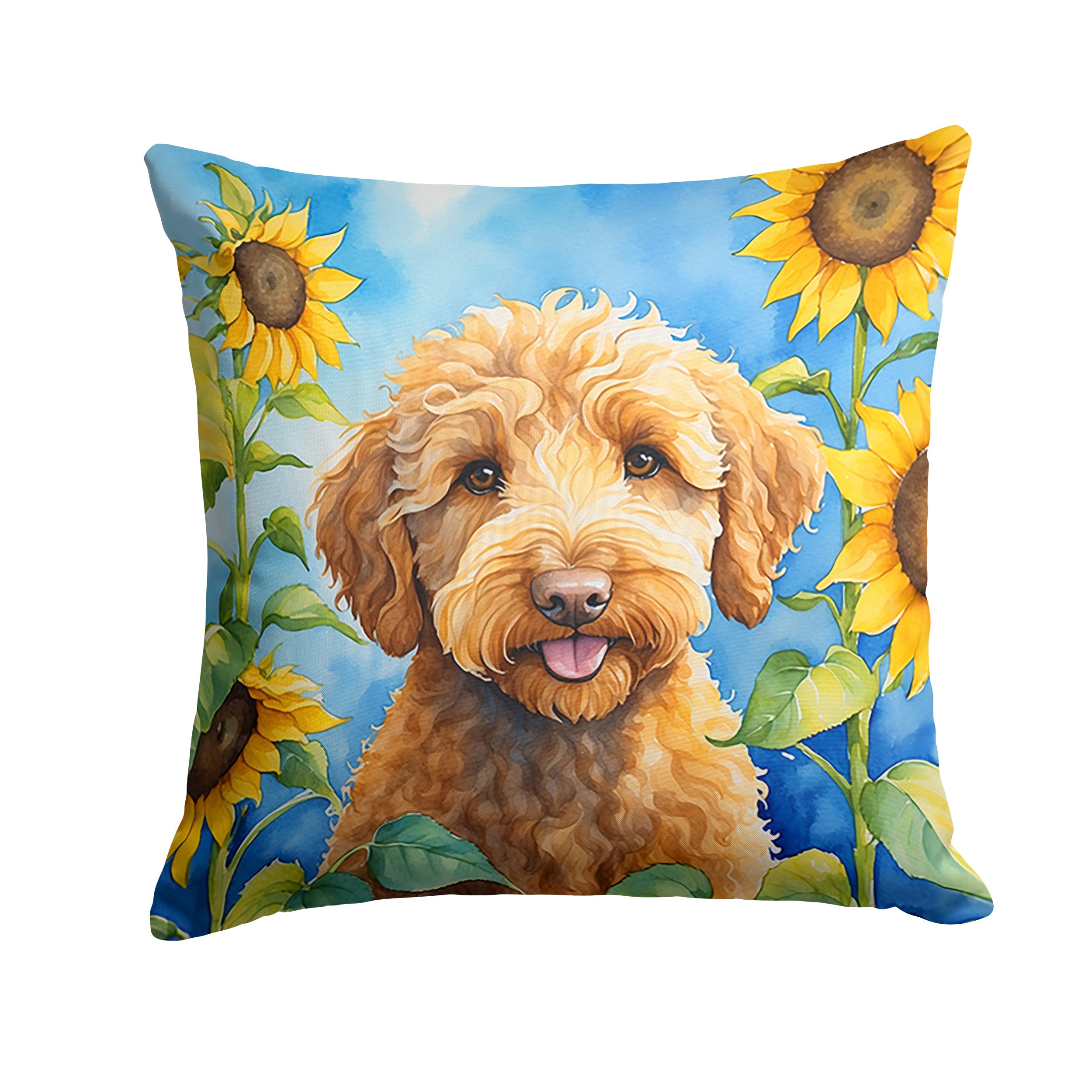 Labradoodle in Sunflowers Decorative Throw Pillow 14x14 Indoor Outdoor Accent Cushion, Fabric Cover with Insert for Sofa, Bed, Porch & Living Room