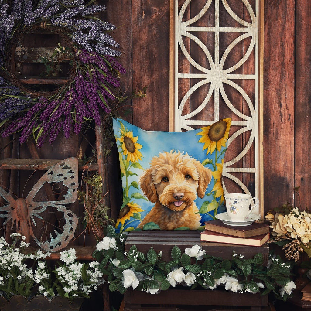 Labradoodle in Sunflowers Decorative Throw Pillow 14x14 Indoor Outdoor Accent Cushion, Fabric Cover with Insert for Sofa, Bed, Porch & Living Room
