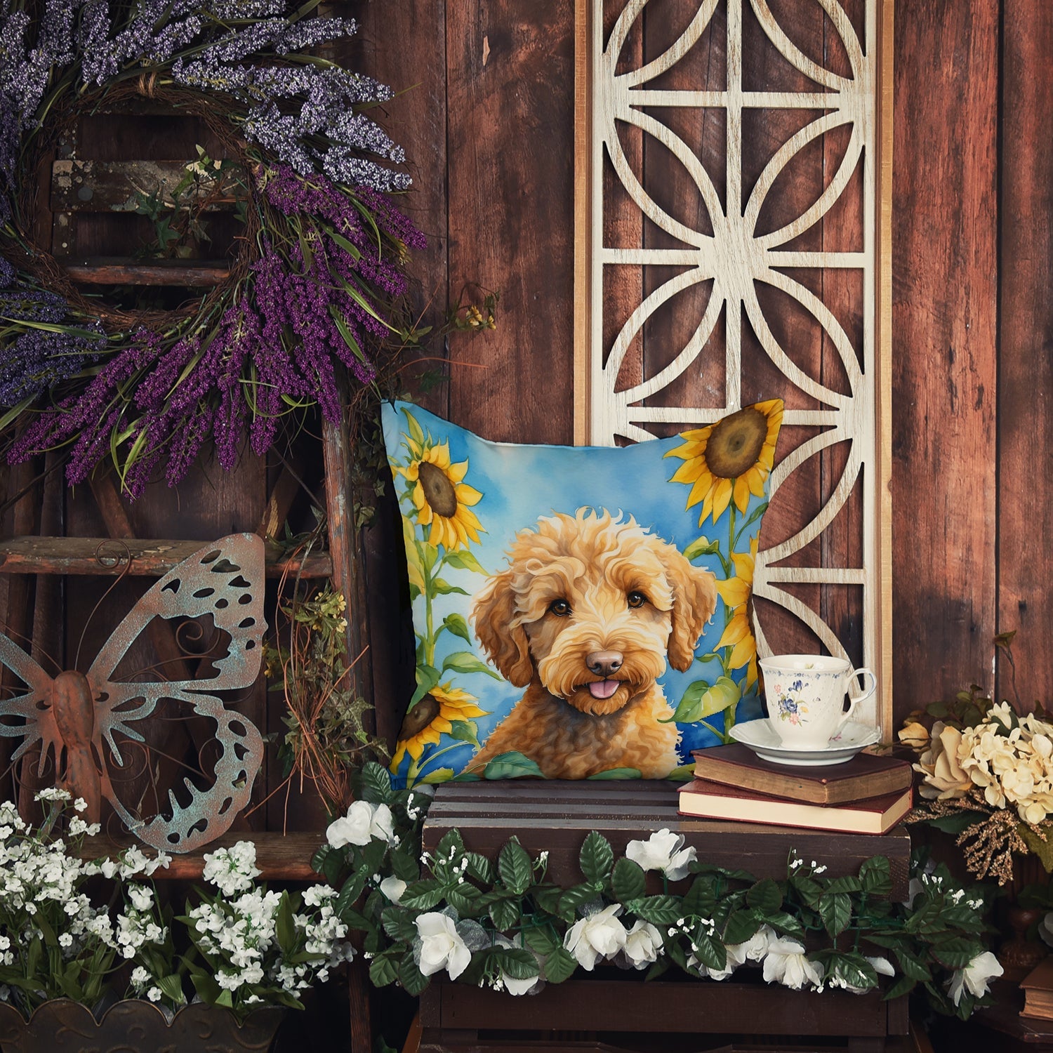 Labradoodle in Sunflowers Decorative Throw Pillow 14x14 Indoor Outdoor Accent Cushion, Fabric Cover with Insert for Sofa, Bed, Porch & Living Room