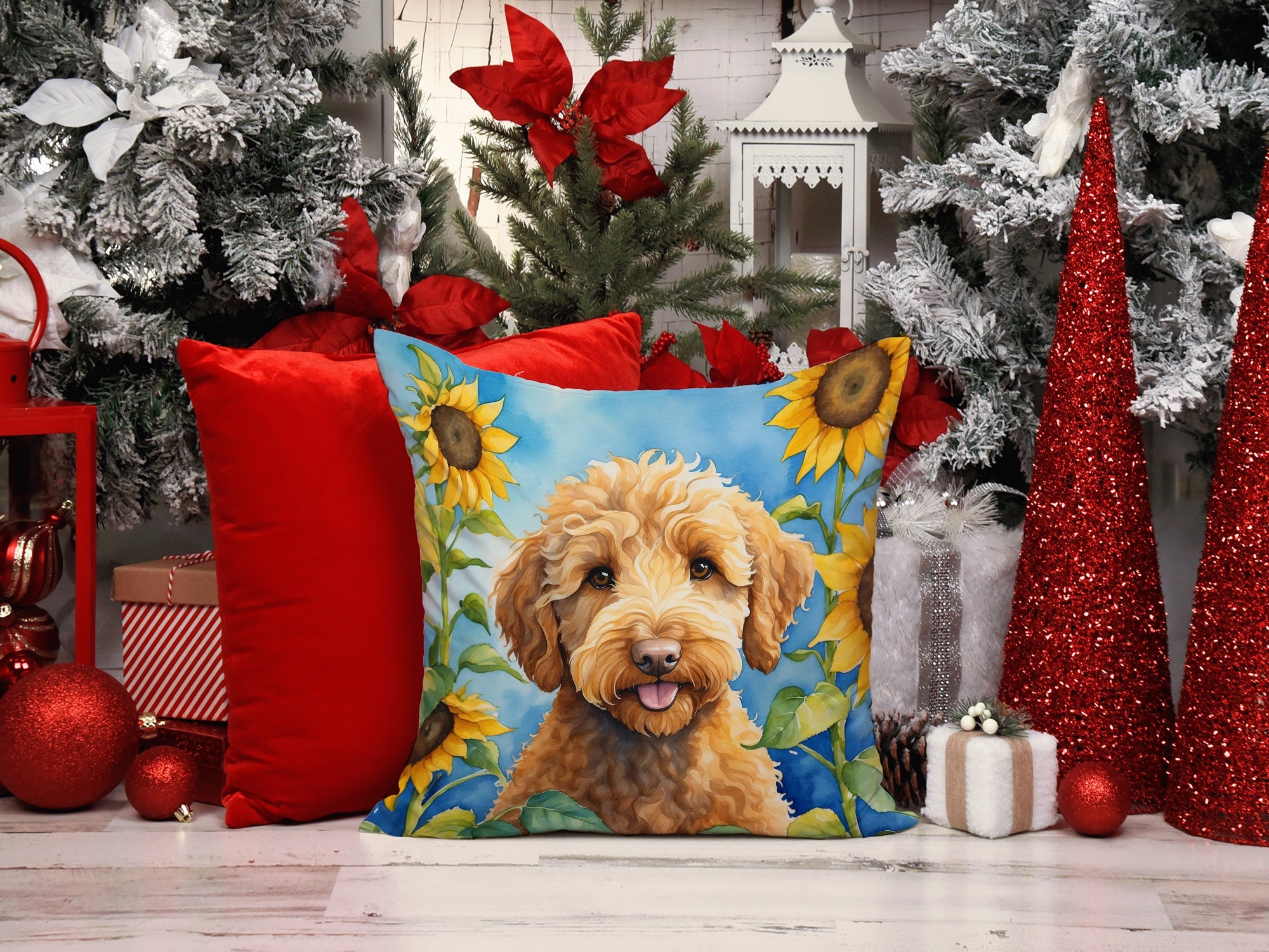 Labradoodle in Sunflowers Decorative Throw Pillow 14x14 Indoor Outdoor Accent Cushion, Fabric Cover with Insert for Sofa, Bed, Porch & Living Room