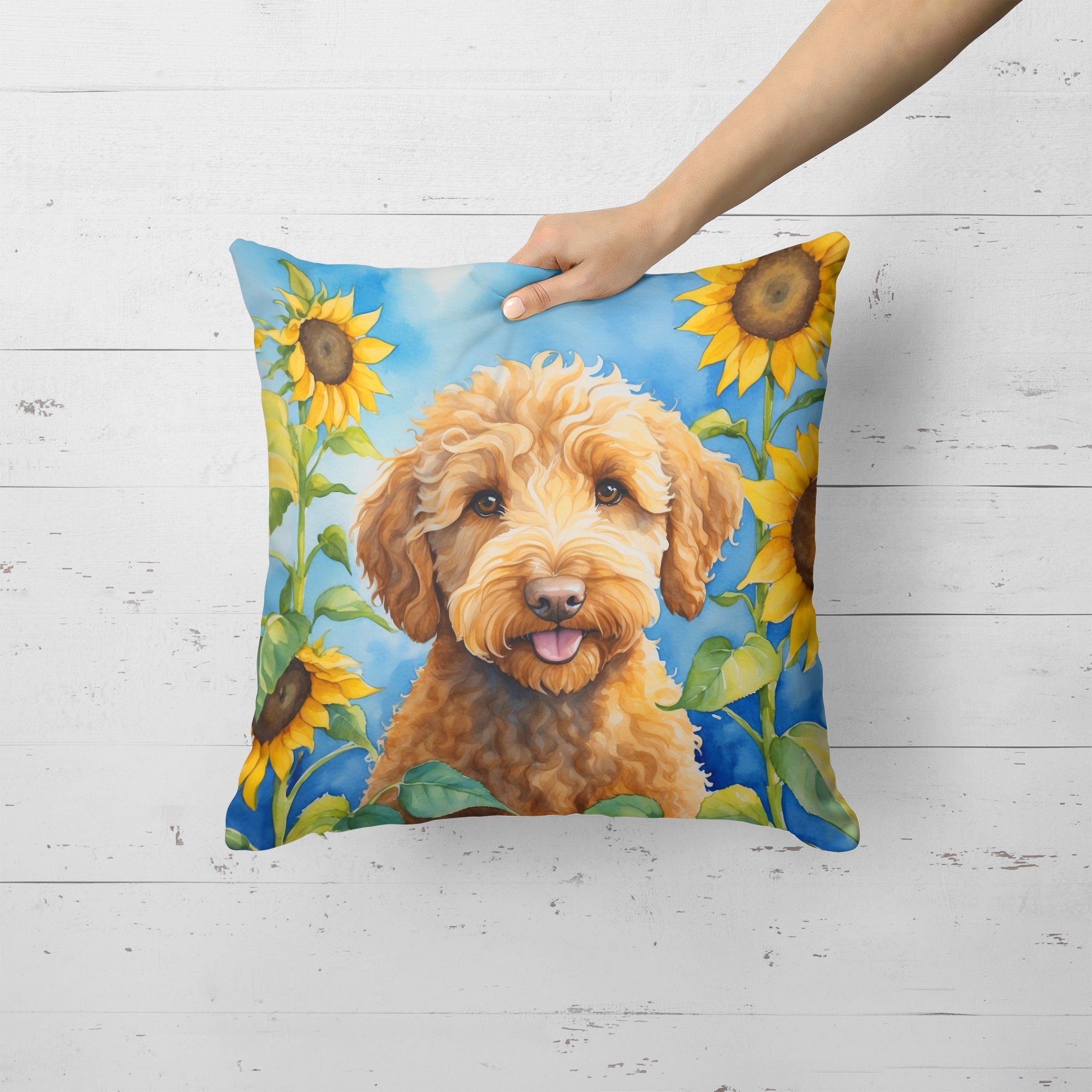 Labradoodle in Sunflowers Decorative Throw Pillow 18x18 Indoor Outdoor Accent Cushion, Fabric Cover with Insert for Sofa, Bed, Porch & Living Room