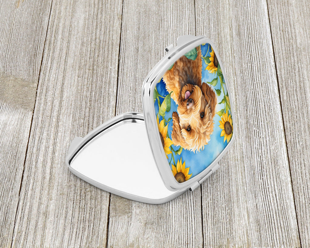 Labradoodle in Sunflowers Compact Mirror Decorative Travel Makeup Mirror for Women Girls Gifts Pocket Makeup Mirror Folding Handheld