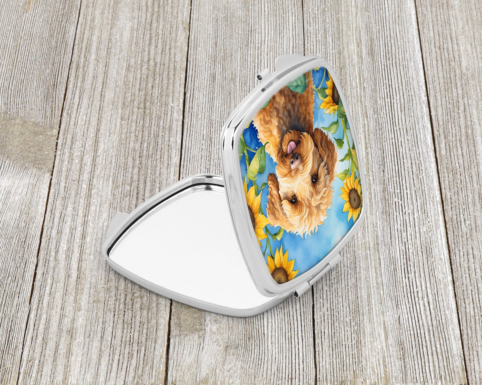 Labradoodle in Sunflowers Compact Mirror Decorative Travel Makeup Mirror for Women Girls Gifts Pocket Makeup Mirror Folding Handheld
