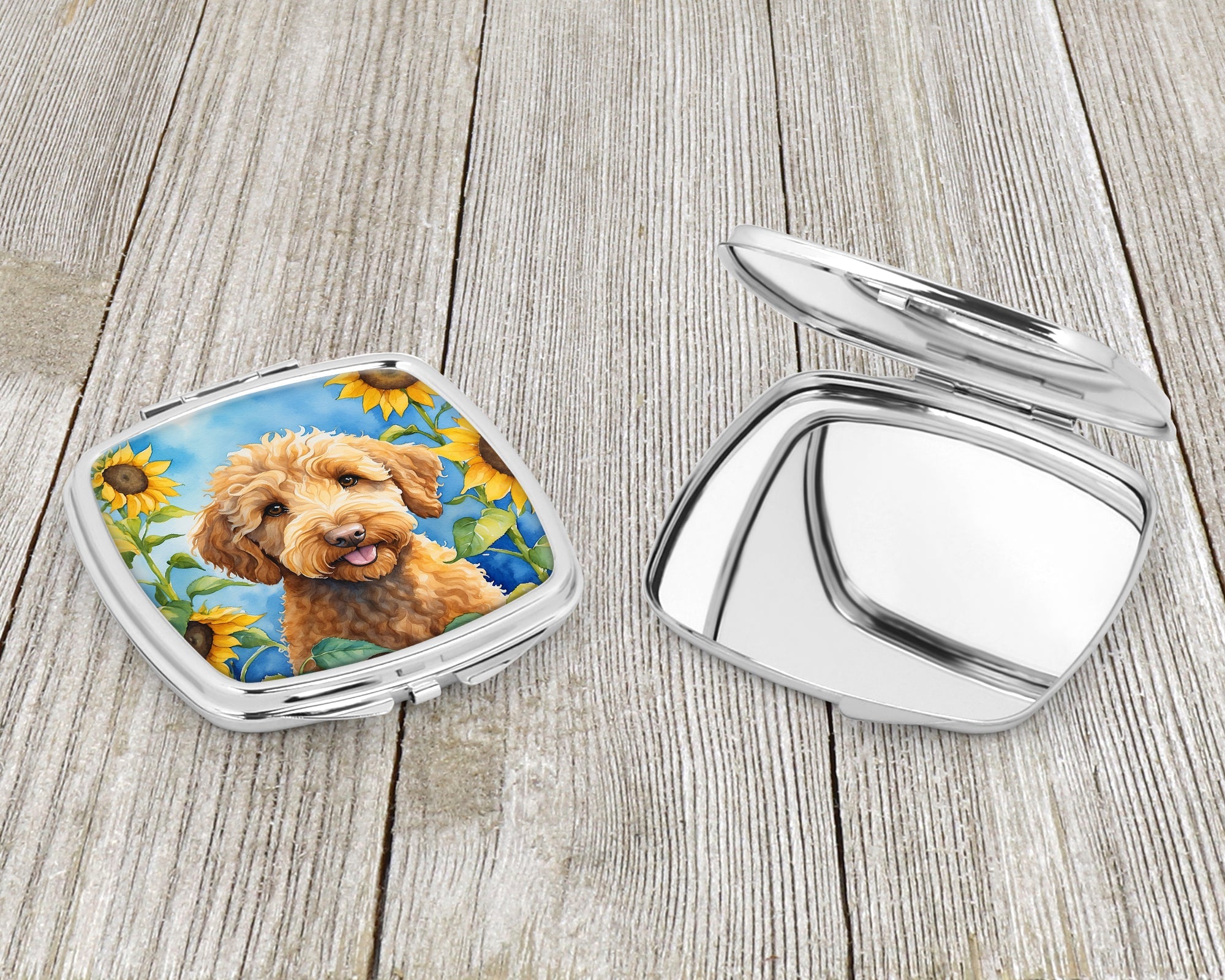 Labradoodle in Sunflowers Compact Mirror Decorative Travel Makeup Mirror for Women Girls Gifts Pocket Makeup Mirror Folding Handheld