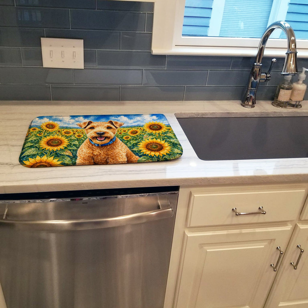 Lakeland Terrier in Sunflowers Dish Drying Mat Absorbent Dish Drying Mat Pad for Kitchen Counter Dish Drainer Mat for Countertop, 14 x 21", Multicolor