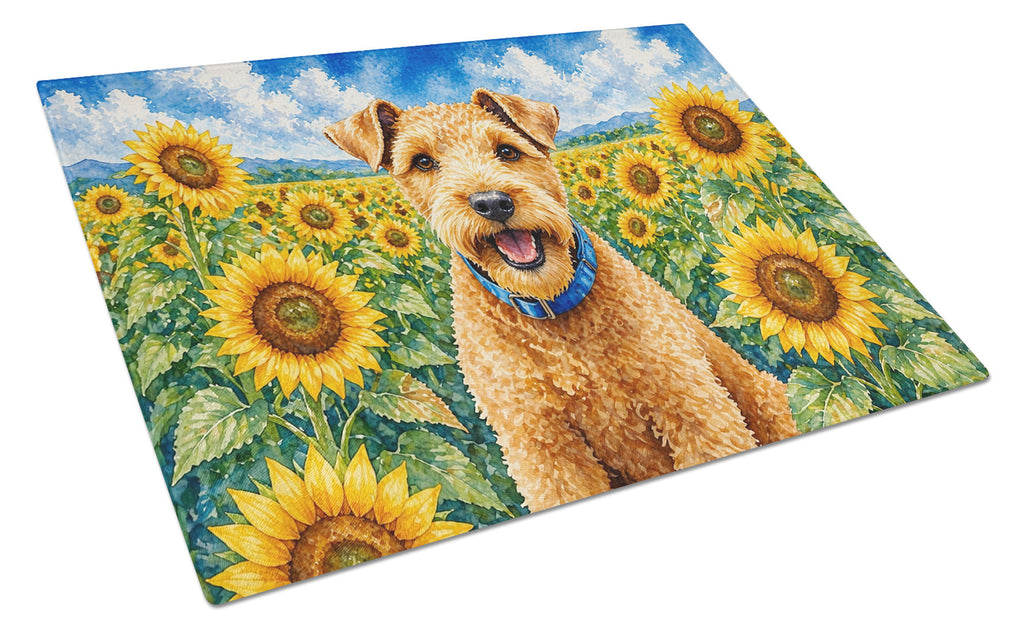 Lakeland Terrier in Sunflowers Cutting Board Tempered Glass Kitchen Cutting Surface, Heat Resistant Chopping Board with Non-Slip Feet, Decorative Food Prep & Serving