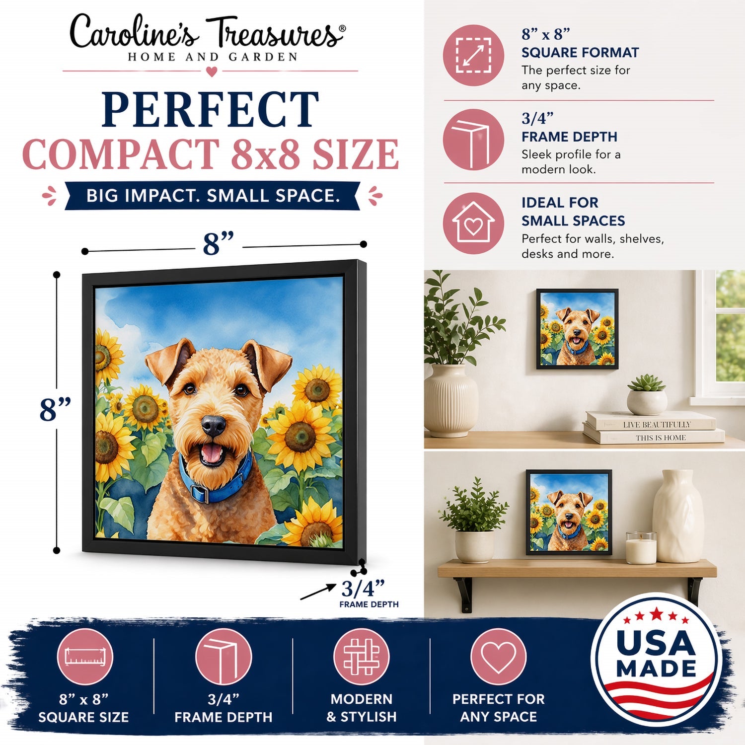 Lakeland Terrier in Sunflowers Framed Metal Print Bathroom, Kitchen, Office, Home Decor Wall Art Ready to Hang, Square, 8X8