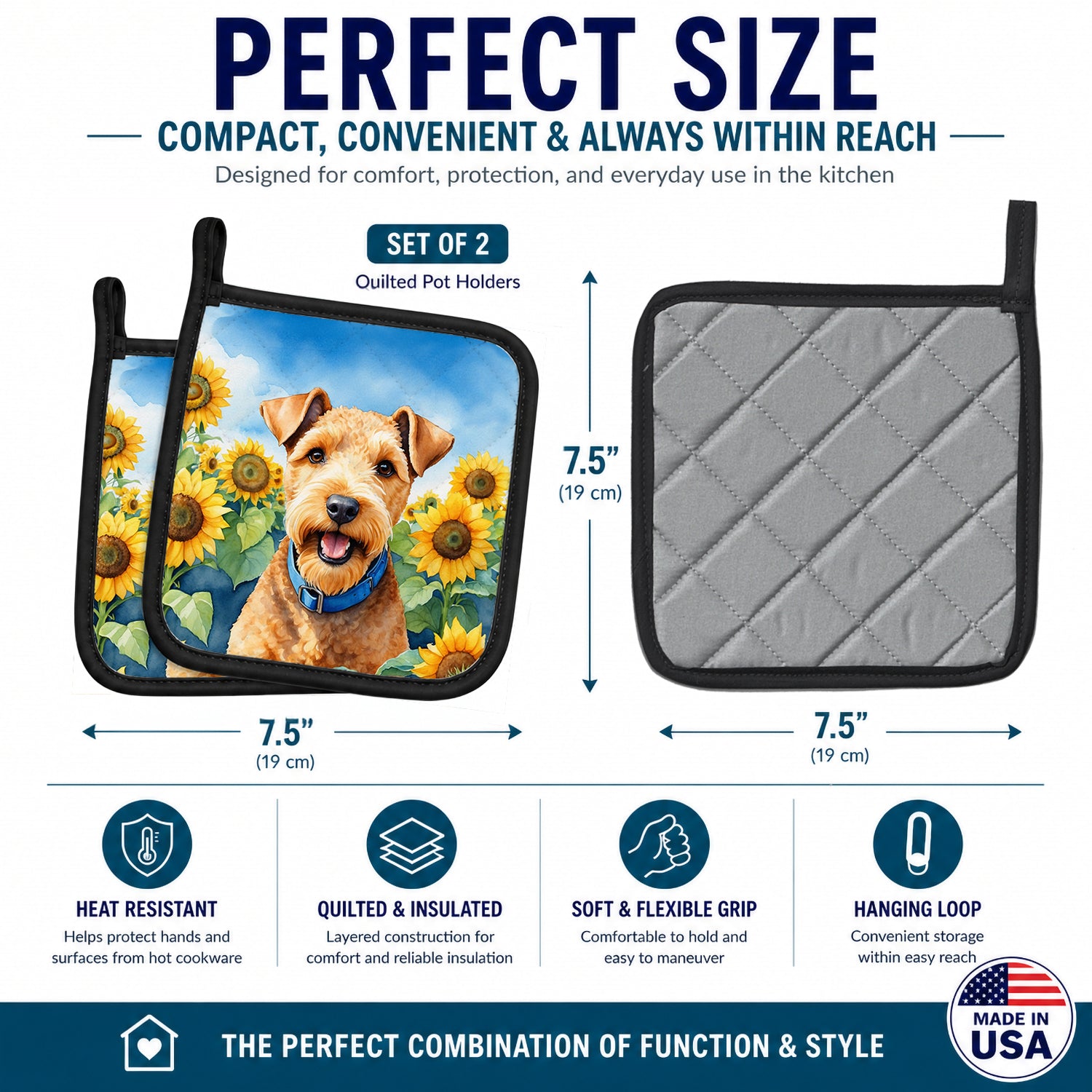Lakeland Terrier in Sunflowers Pot Holder Set of 2 Heat Resistant Quilted Hot Pads 7.5 x 7.5 Inch, Insulated Kitchen Trivets for Cooking & Baking