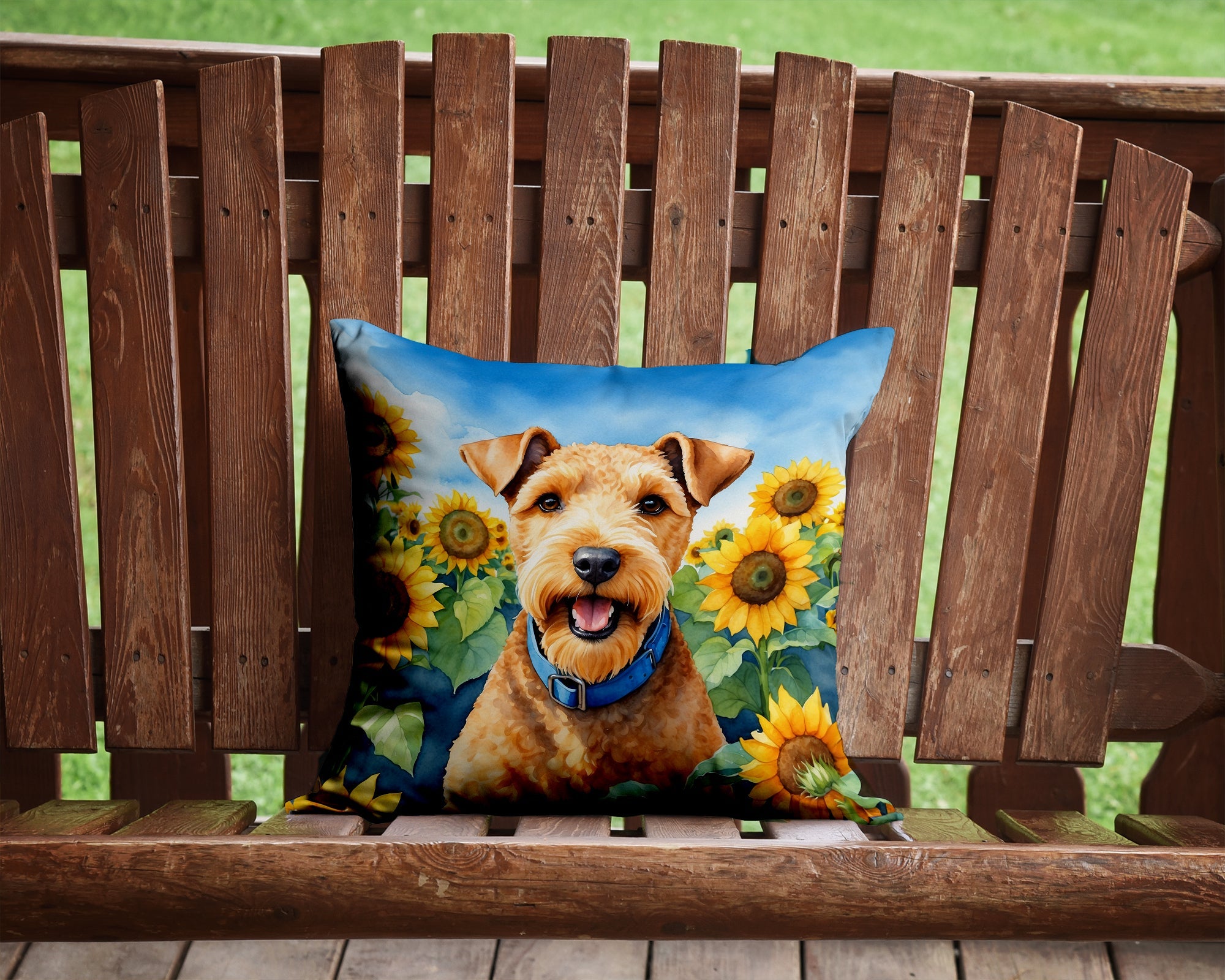 Lakeland Terrier in Sunflowers Decorative Throw Pillow 14x14 Indoor Outdoor Accent Cushion, Fabric Cover with Insert for Sofa, Bed, Porch & Living Room