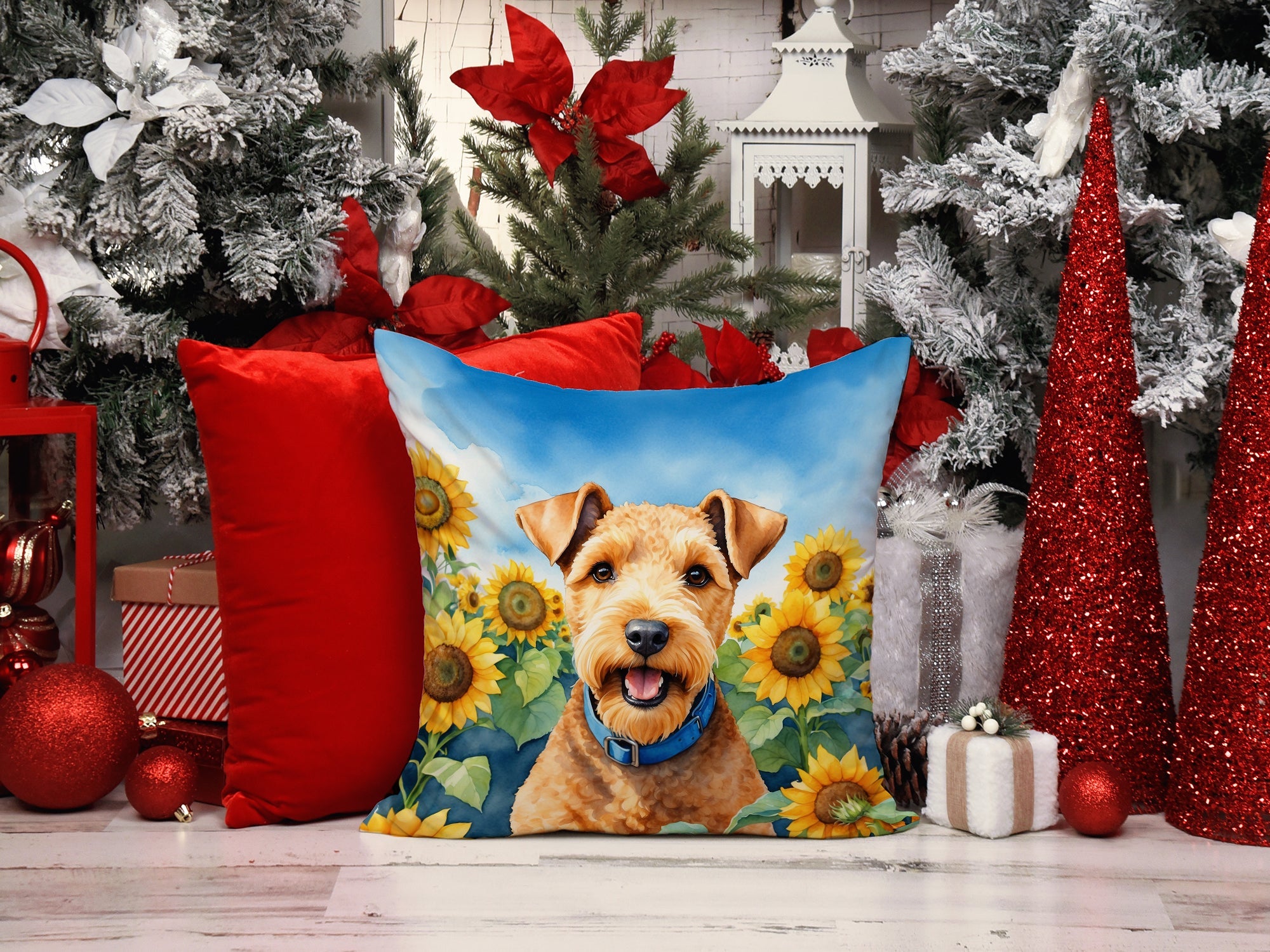 Lakeland Terrier in Sunflowers Decorative Throw Pillow 14x14 Indoor Outdoor Accent Cushion, Fabric Cover with Insert for Sofa, Bed, Porch & Living Room