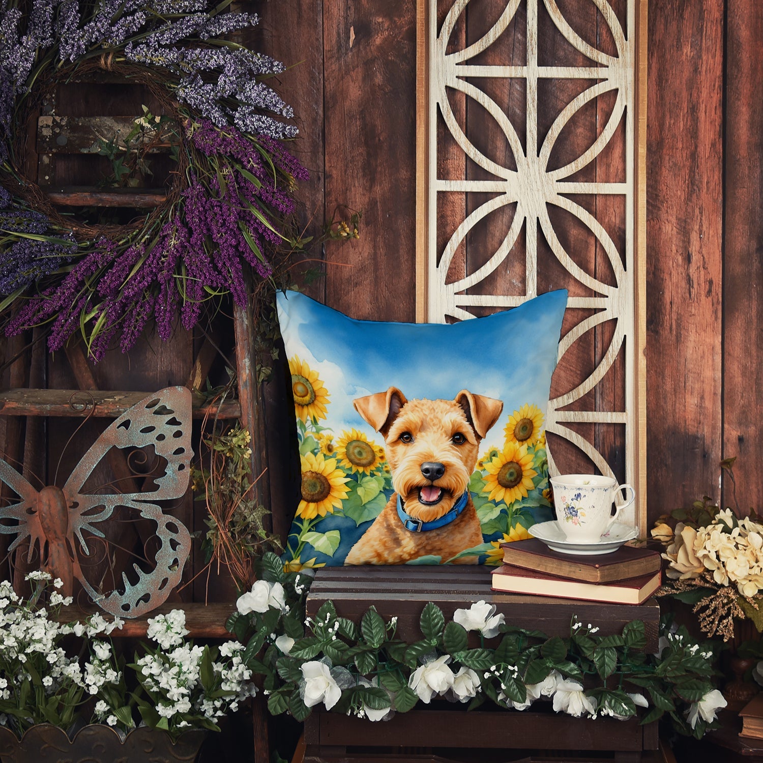 Lakeland Terrier in Sunflowers Decorative Throw Pillow 18x18 Indoor Outdoor Accent Cushion, Fabric Cover with Insert for Sofa, Bed, Porch & Living Room