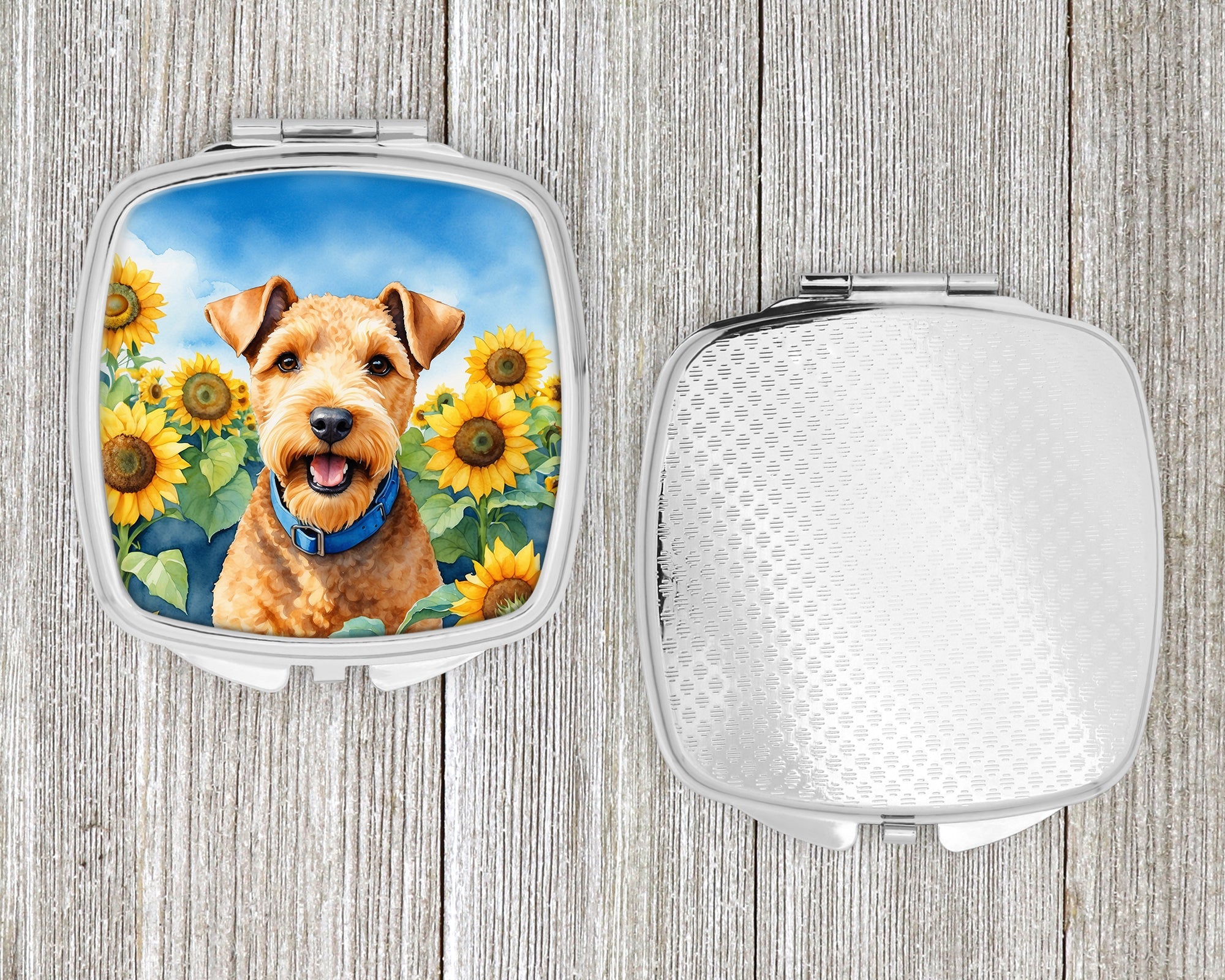 Lakeland Terrier in Sunflowers Compact Mirror Decorative Travel Makeup Mirror for Women Girls Gifts Pocket Makeup Mirror Folding Handheld