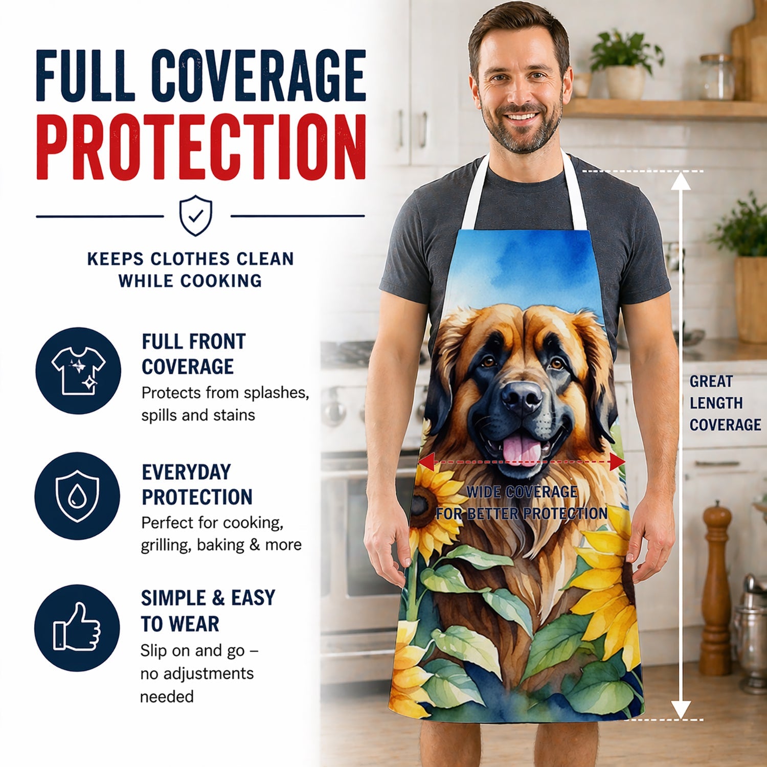 Leonberger in Sunflowers Apron Cooking Kitchen Server Baking Crafts Gardening for Adult Women Men, Unisex, Large, Multicolor