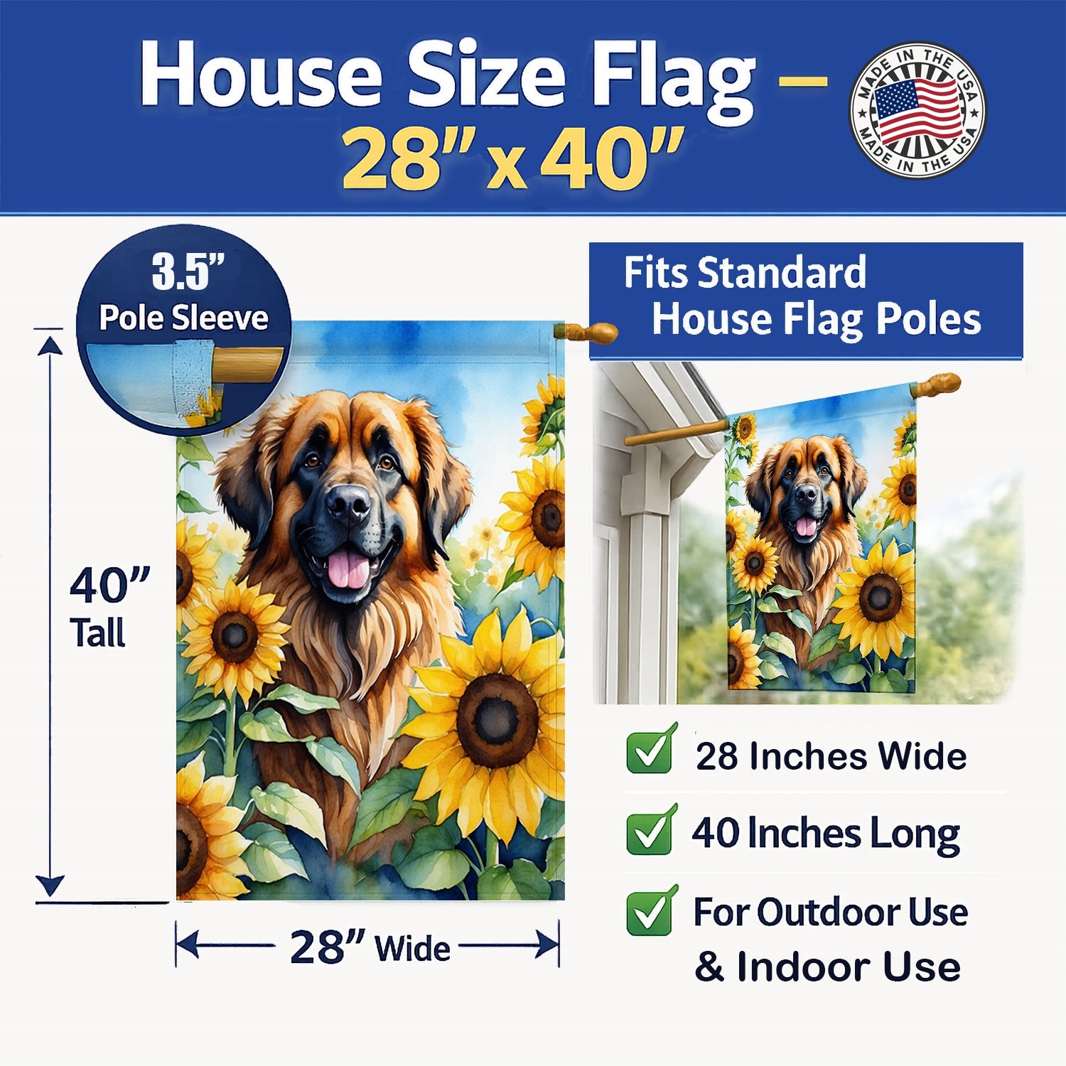 Leonberger in Sunflowers House Flag 28x40 Porch Sleeve Pole Decorative Outside Yard Banner Artwork Wall Hanging, Polyester