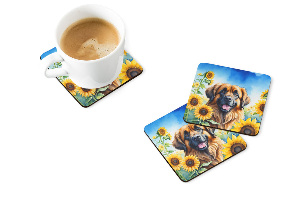 Leonberger in Sunflowers Foam Coasters Set of 4 Cup Coasters for Indoor Outdoor, Tabletop Protection, Anti Slip, Mouse pad Material