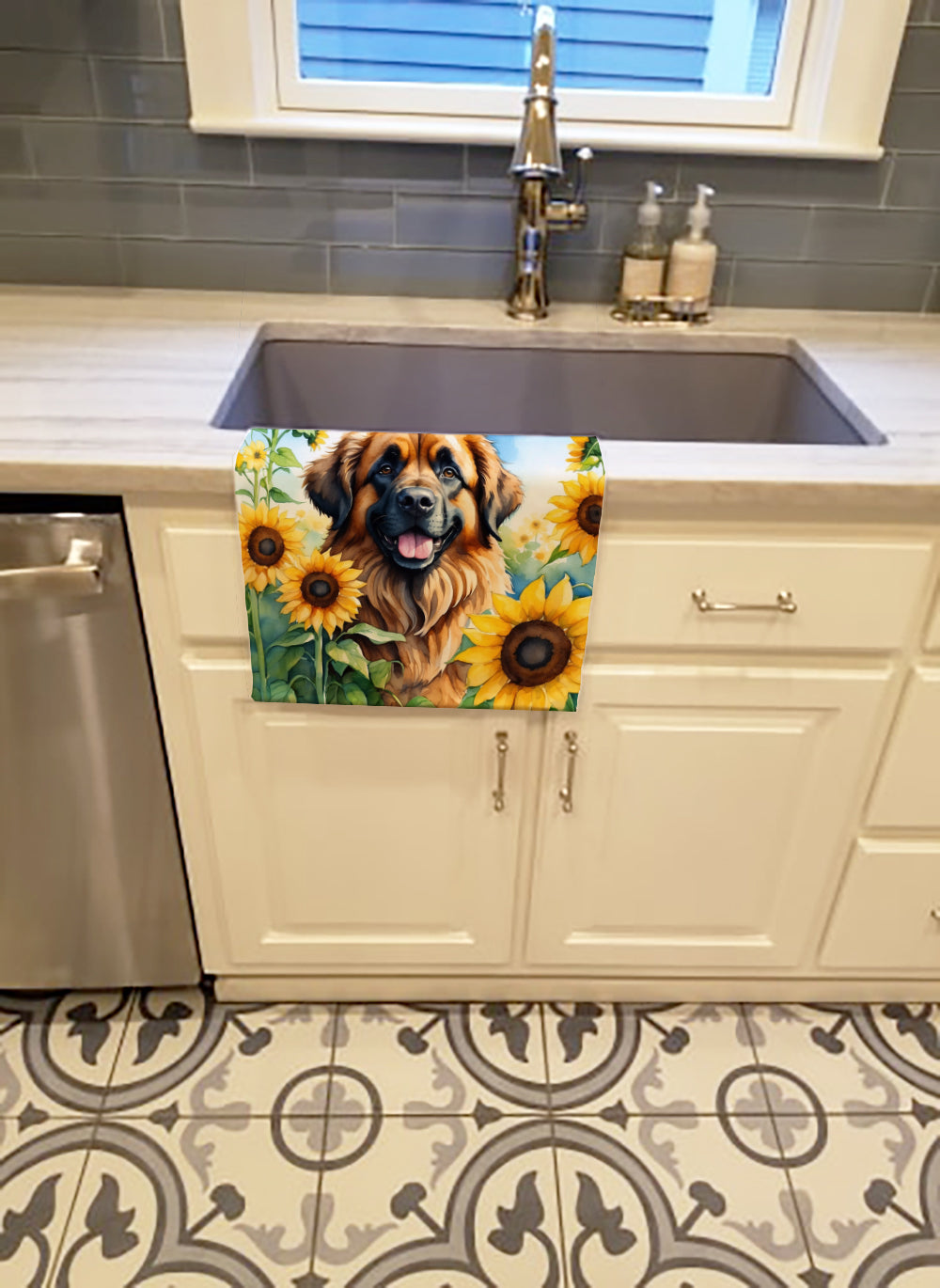 Leonberger in Sunflowers Kitchen Towel Velour Plush Front and Cotton Loop Back Machine Washable