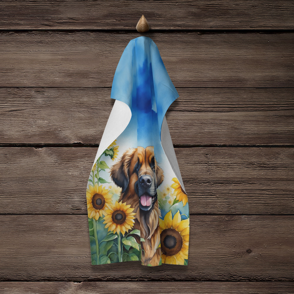 Leonberger in Sunflowers Kitchen Towel Velour Plush Front and Cotton Loop Back Machine Washable
