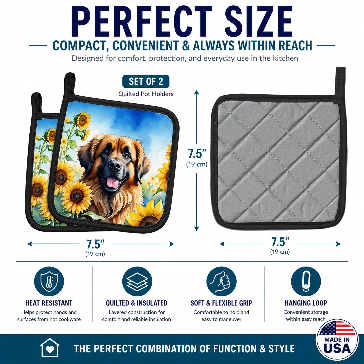 Leonberger in Sunflowers Pot Holder Set of 2 Heat Resistant Quilted Hot Pads 7.5 x 7.5 Inch, Insulated Kitchen Trivets for Cooking & Baking