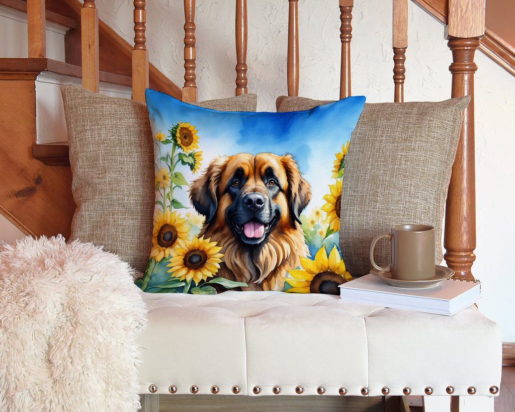 Leonberger in Sunflowers Decorative Throw Pillow 14x14 Indoor Outdoor Accent Cushion, Fabric Cover with Insert for Sofa, Bed, Porch & Living Room